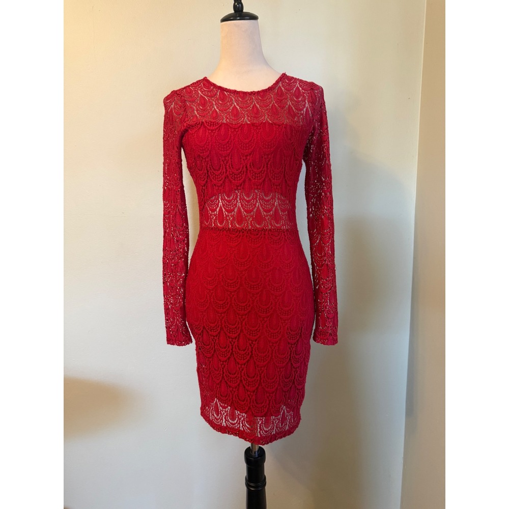 Bebe Red Lace Bodycon Dress Long Sleeve Sheer S y2k party formal cocktail retro
